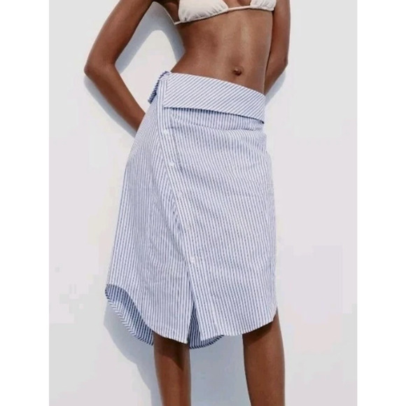 ZARA Skirt M Asymmetrical Button Striped Shirt Look Midi Cotton Blue White - Picture 1 of 12